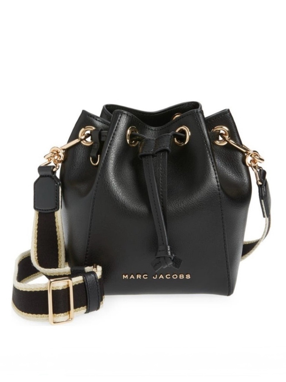 Marc Jacobs The Bucket Bag Black Leather Drawstring Crossbody Woven Strap NWT